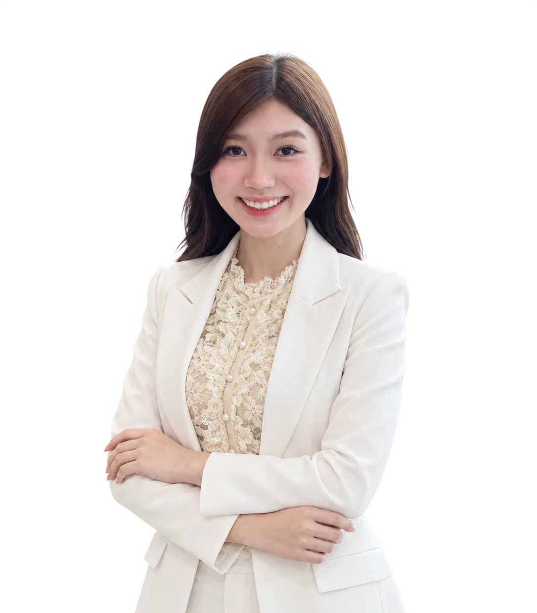 Mị Dương, chuyên viên tư vấn chính VPBankS, áo vest trắng, khoanh tay